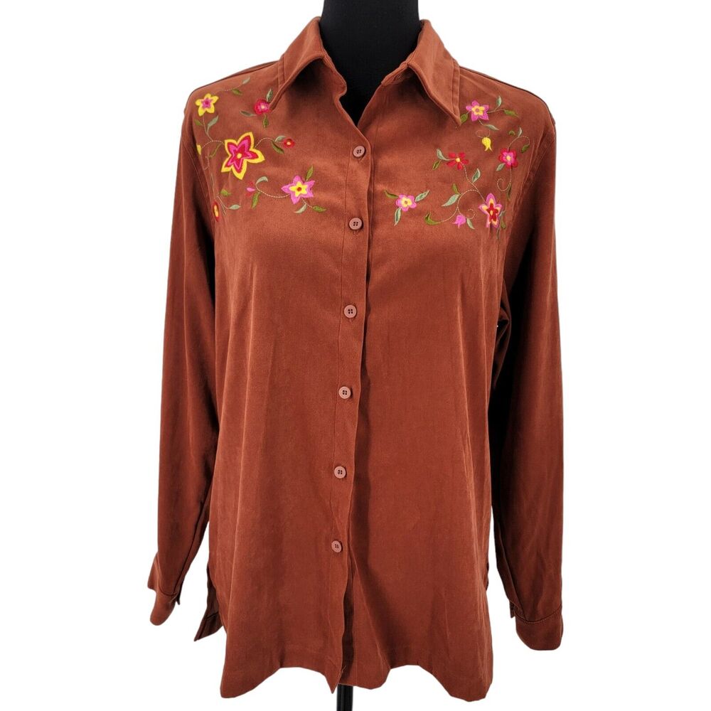 Courtenay Stretch Shirt Women's 6 Embroidered Button Up Faux Suede Brown